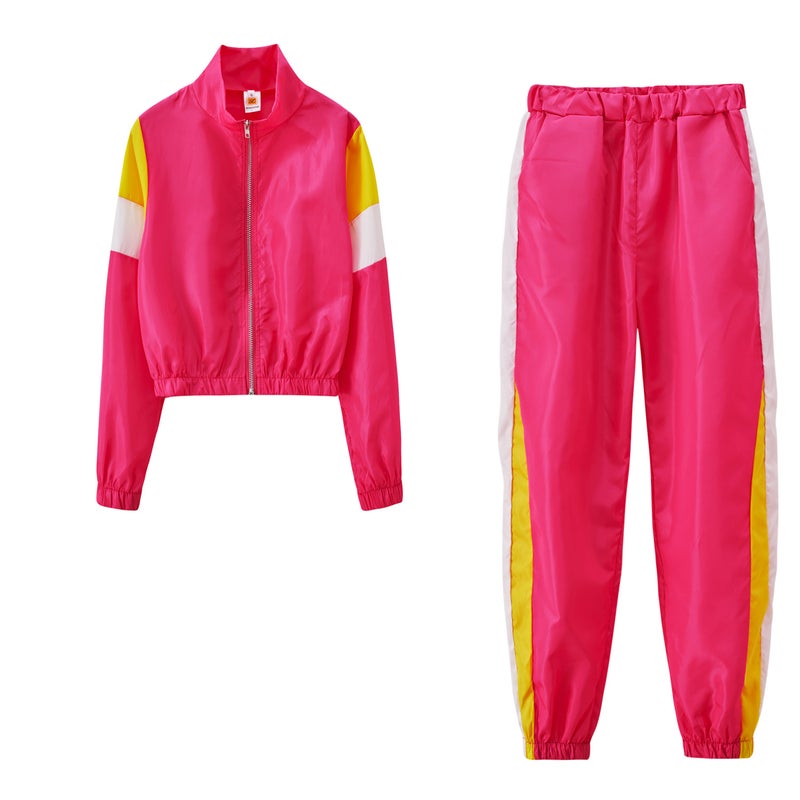 9625#2021 Explosions Independent Station Best Selling European and American Womens Contrast Casual Suit Splicing Sports Two-Piece Suit Pink