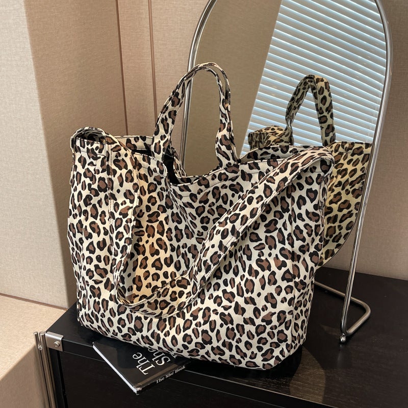Niche Leopard Print Canvas Tote Bag Women'S Bag Casual Large Capacity Fashion Hand Bag Korean Style Western Style Shoulder Messenger Bag - Image 2