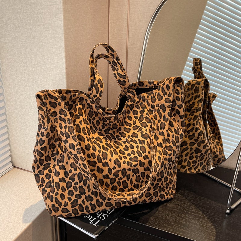 Niche Leopard Print Canvas Tote Bag Women'S Bag Casual Large Capacity Fashion Hand Bag Korean Style Western Style Shoulder Messenger Bag - Image 5
