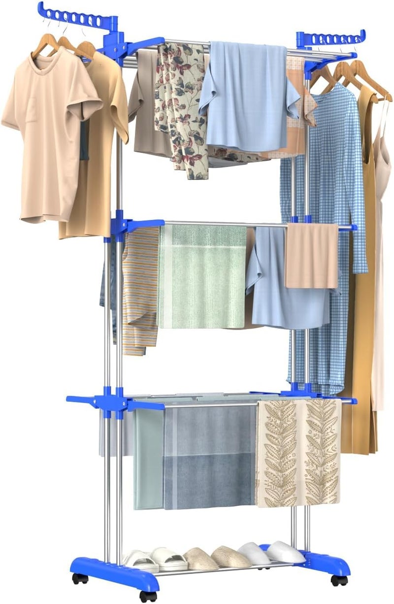 HomeAra Clothes Drying Rack, 3-Tier Folding Stainless Steel Laundry Rack with Side Wings Indoor & Outdoor Use Space-Saving Design (Blue) - Image 1