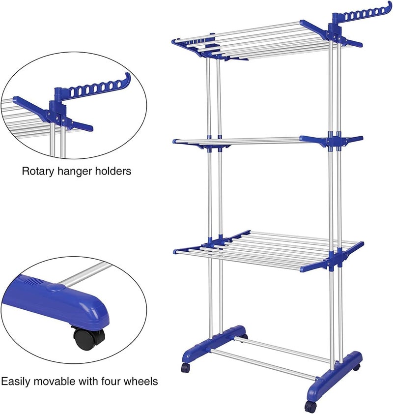 HomeAra Clothes Drying Rack, 3-Tier Folding Stainless Steel Laundry Rack with Side Wings Indoor & Outdoor Use Space-Saving Design (Blue) - Image 4