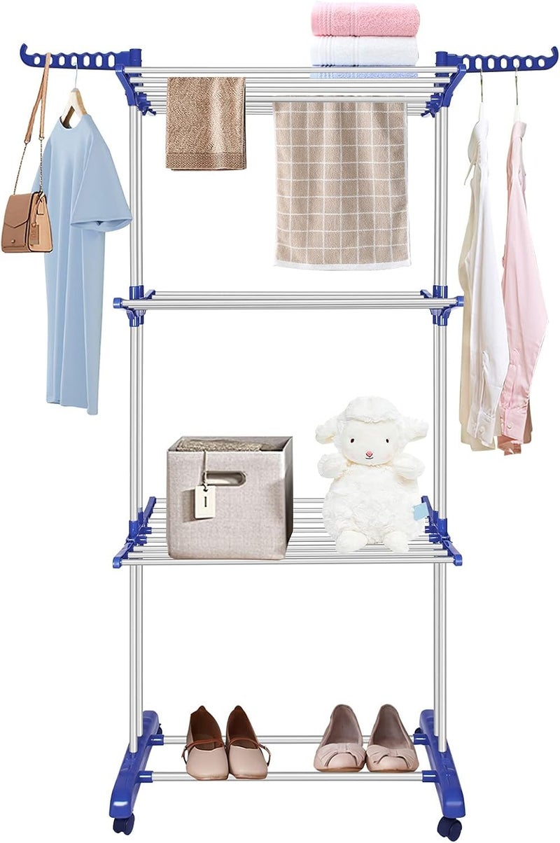 HomeAra Clothes Drying Rack, 3-Tier Folding Stainless Steel Laundry Rack with Side Wings Indoor & Outdoor Use Space-Saving Design (Blue) - Image 2