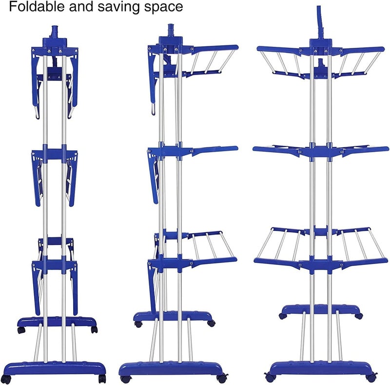 HomeAra Clothes Drying Rack, 3-Tier Folding Stainless Steel Laundry Rack with Side Wings Indoor & Outdoor Use Space-Saving Design (Blue) - Image 3