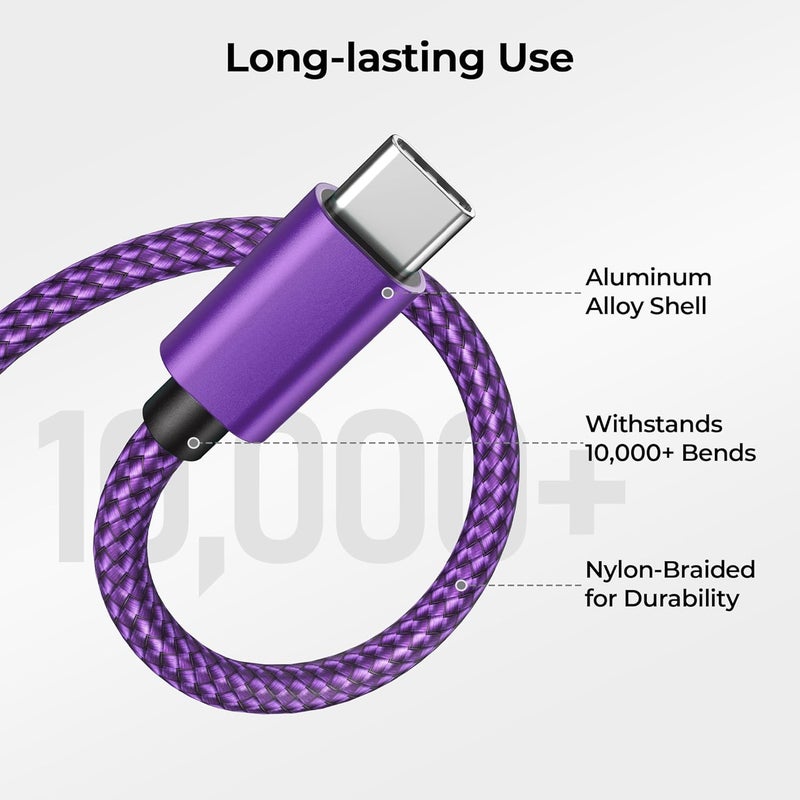 Basesailor for iPhone 17 16 Pro Max Charger Cord,USB to USB C Cable,Type C Charging Power Cord for Apple 17e 15 iPad 10 Air 4 5,Samsung Galaxy S26 S25 S24 S23,Purple,3Pack 1.5/3.3/6.6FT(0.5/1/2M) - Image 3