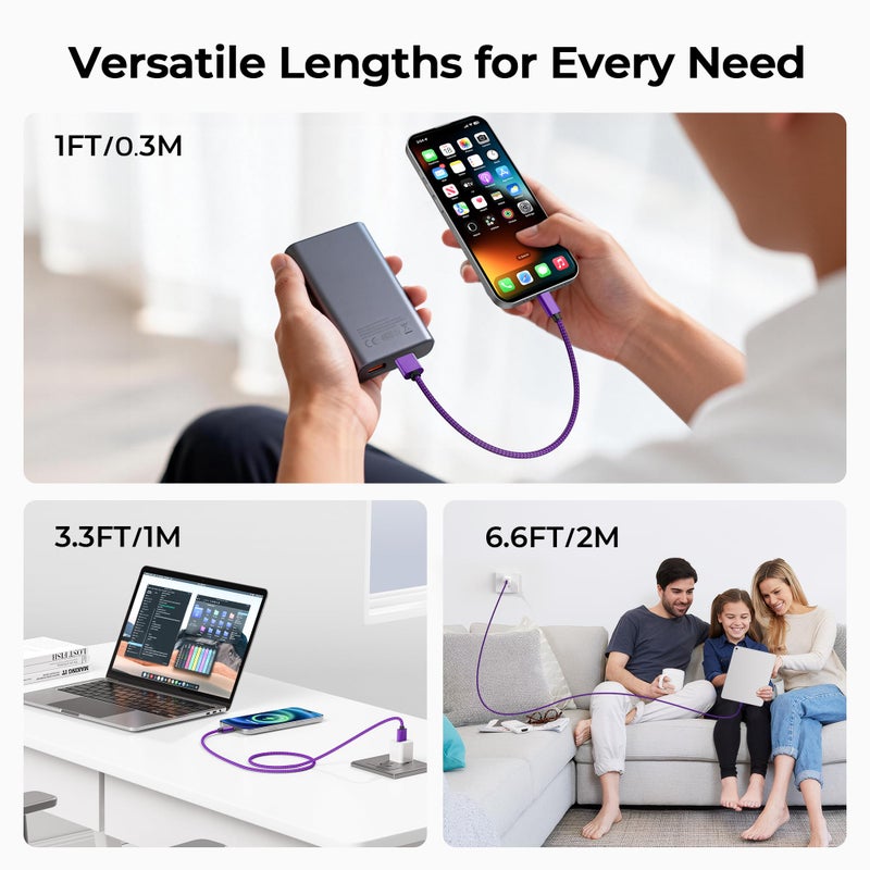 Basesailor for iPhone 17 16 Pro Max Charger Cord,USB to USB C Cable,Type C Charging Power Cord for Apple 17e 15 iPad 10 Air 4 5,Samsung Galaxy S26 S25 S24 S23,Purple,3Pack 1.5/3.3/6.6FT(0.5/1/2M) - Image 2