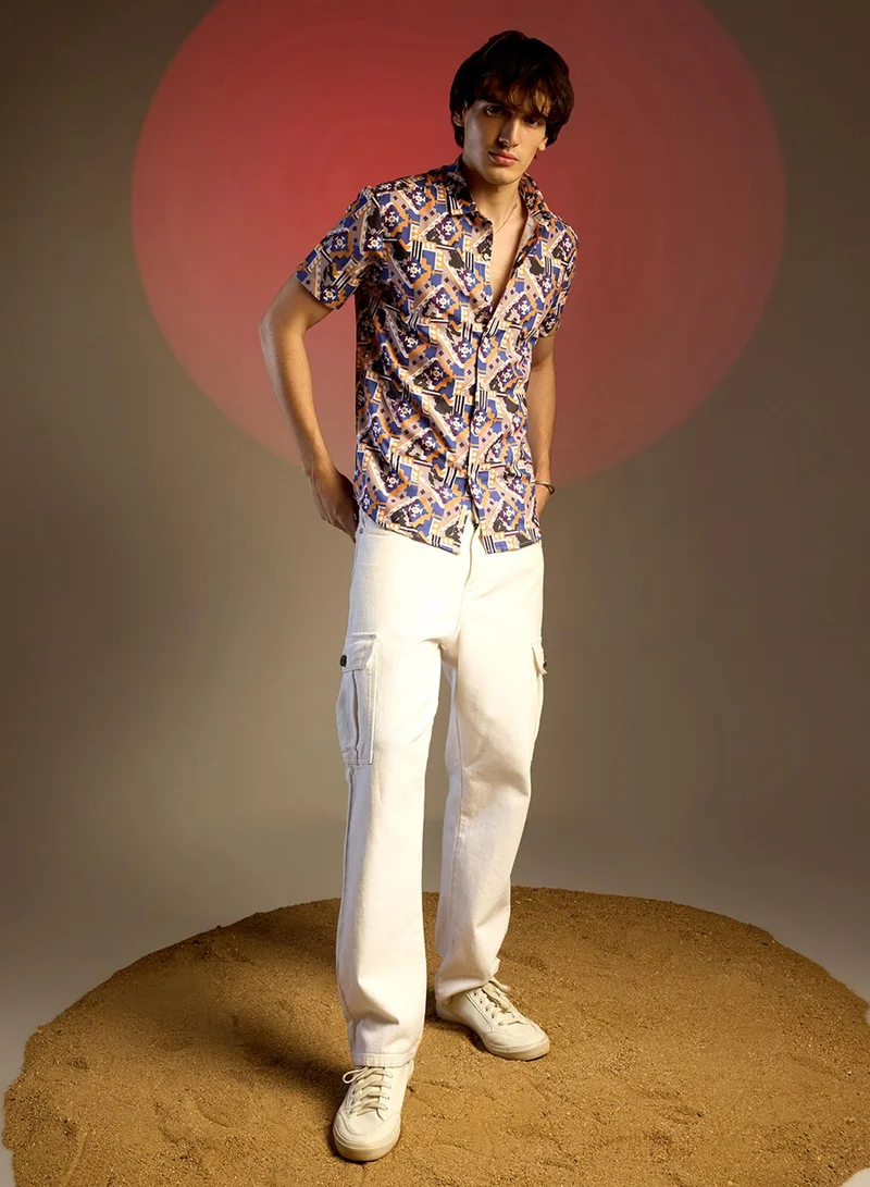 Campus Sutra Men's Sienna Brown & Indigo Blue Bohemian Shirt