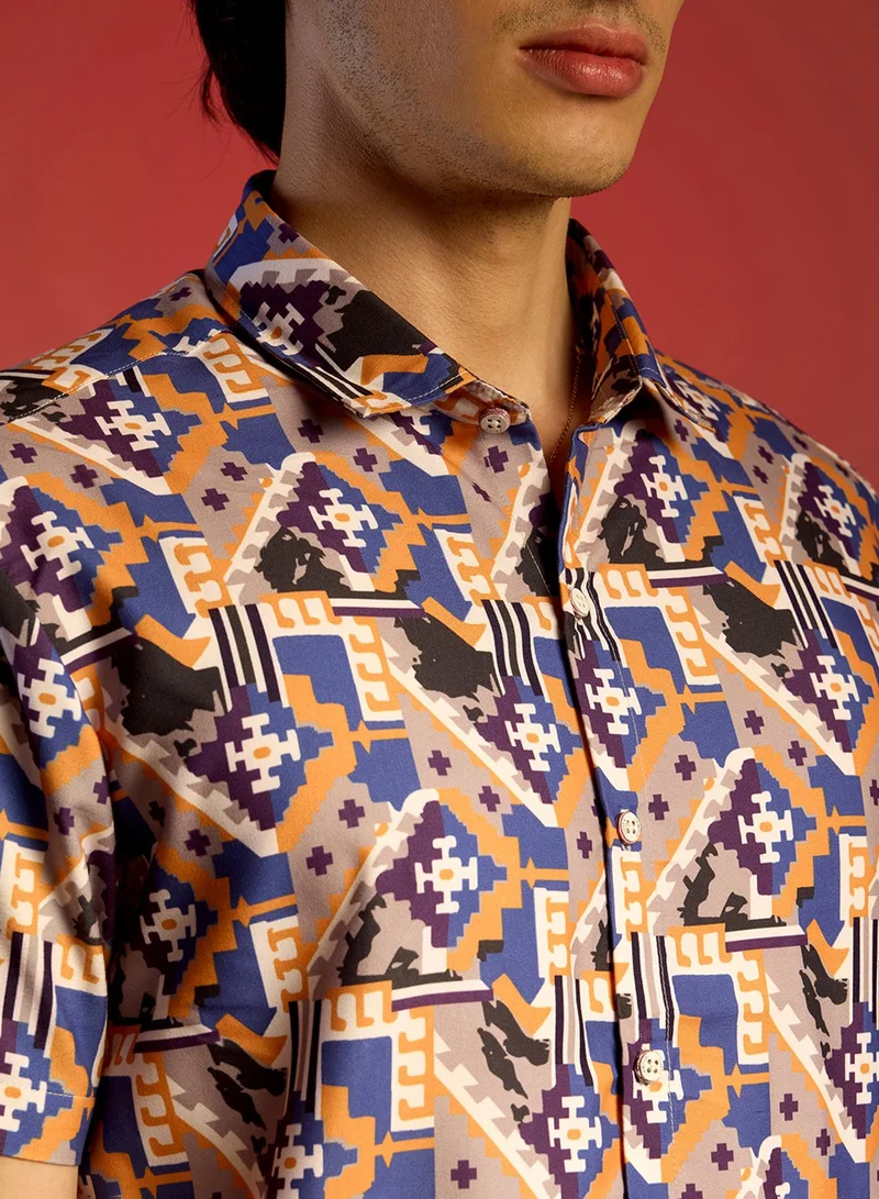 Campus Sutra Men's Sienna Brown & Indigo Blue Bohemian Shirt