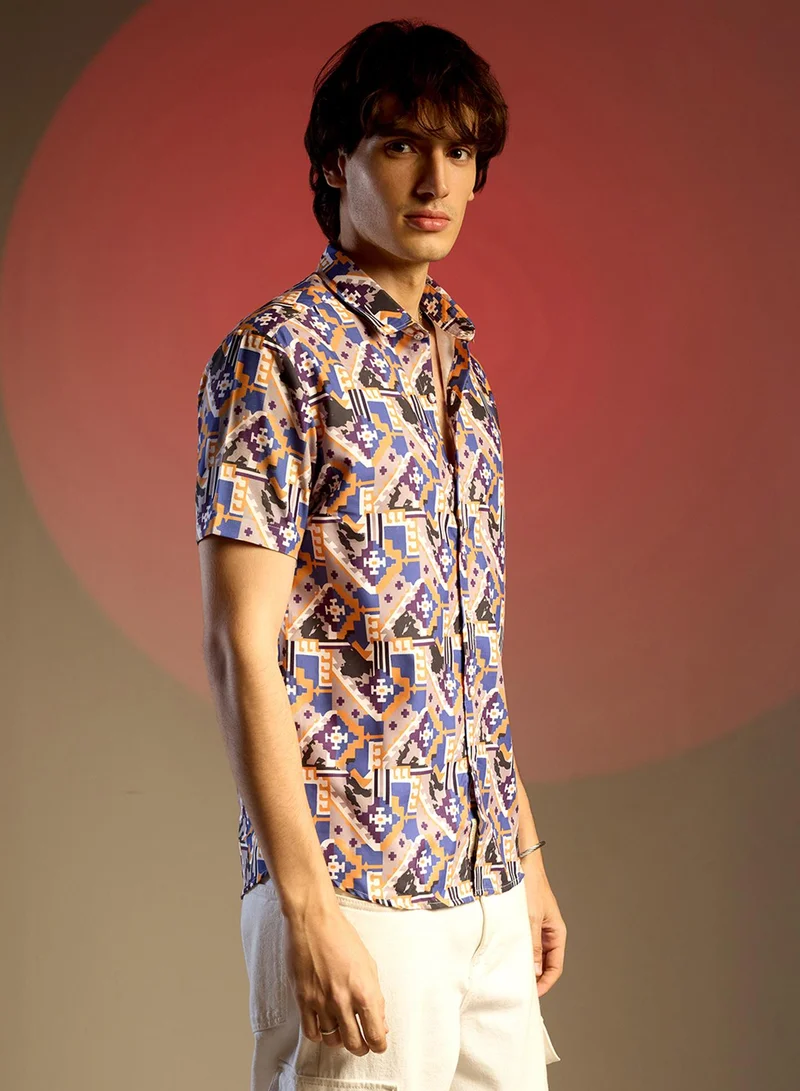 Campus Sutra Men's Sienna Brown & Indigo Blue Bohemian Shirt