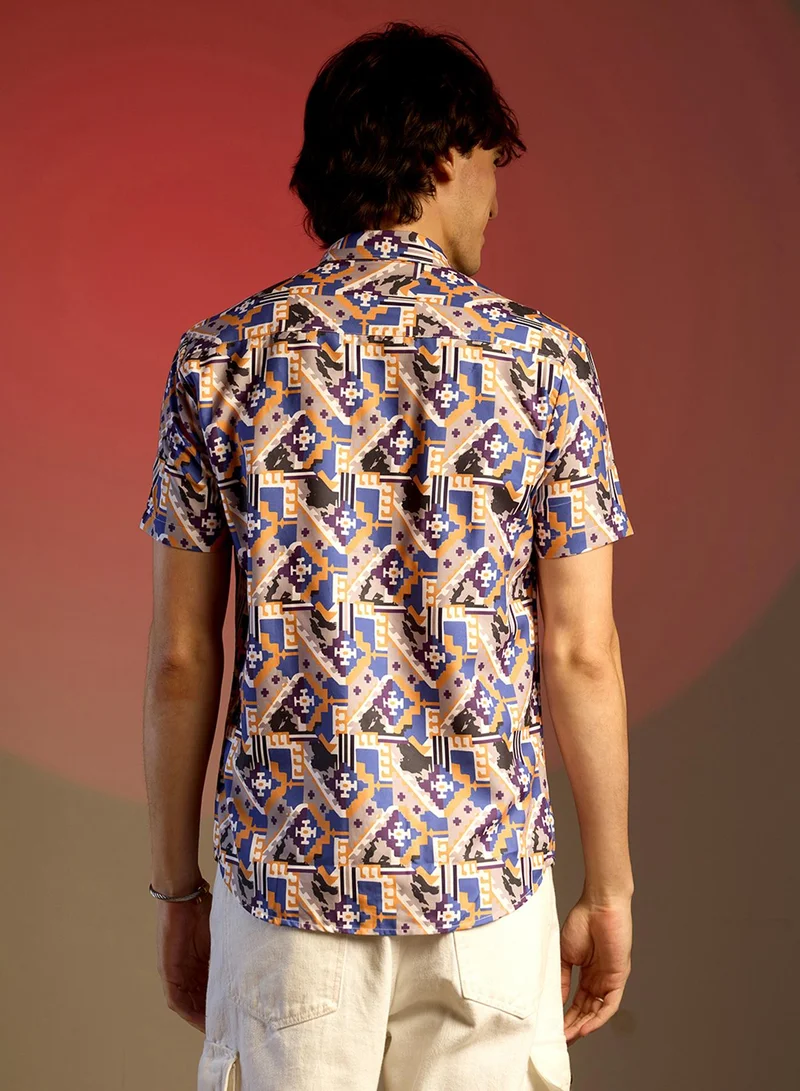 Campus Sutra Men's Sienna Brown & Indigo Blue Bohemian Shirt