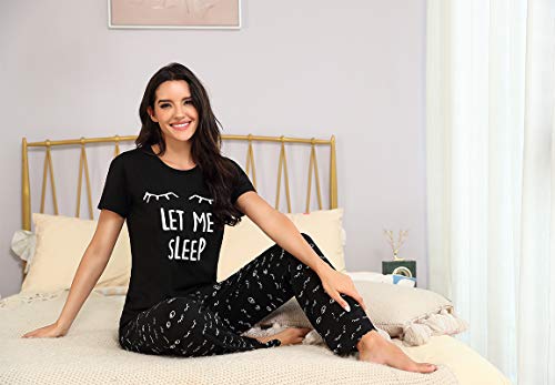 EISHOPEER Women's Sleepwear Jersey Printed Short Sleeve Tee and Pjs Sets Black M - Image 5