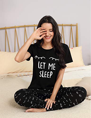 EISHOPEER Women's Sleepwear Jersey Printed Short Sleeve Tee and Pjs Sets Black M - Image 4