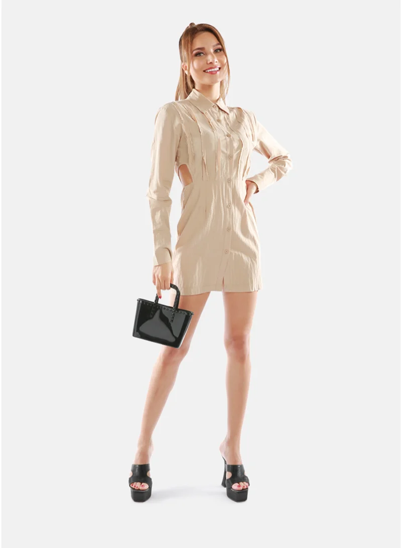 London Rag Women's Camel Cut Out Bodycon Shirt Dress
