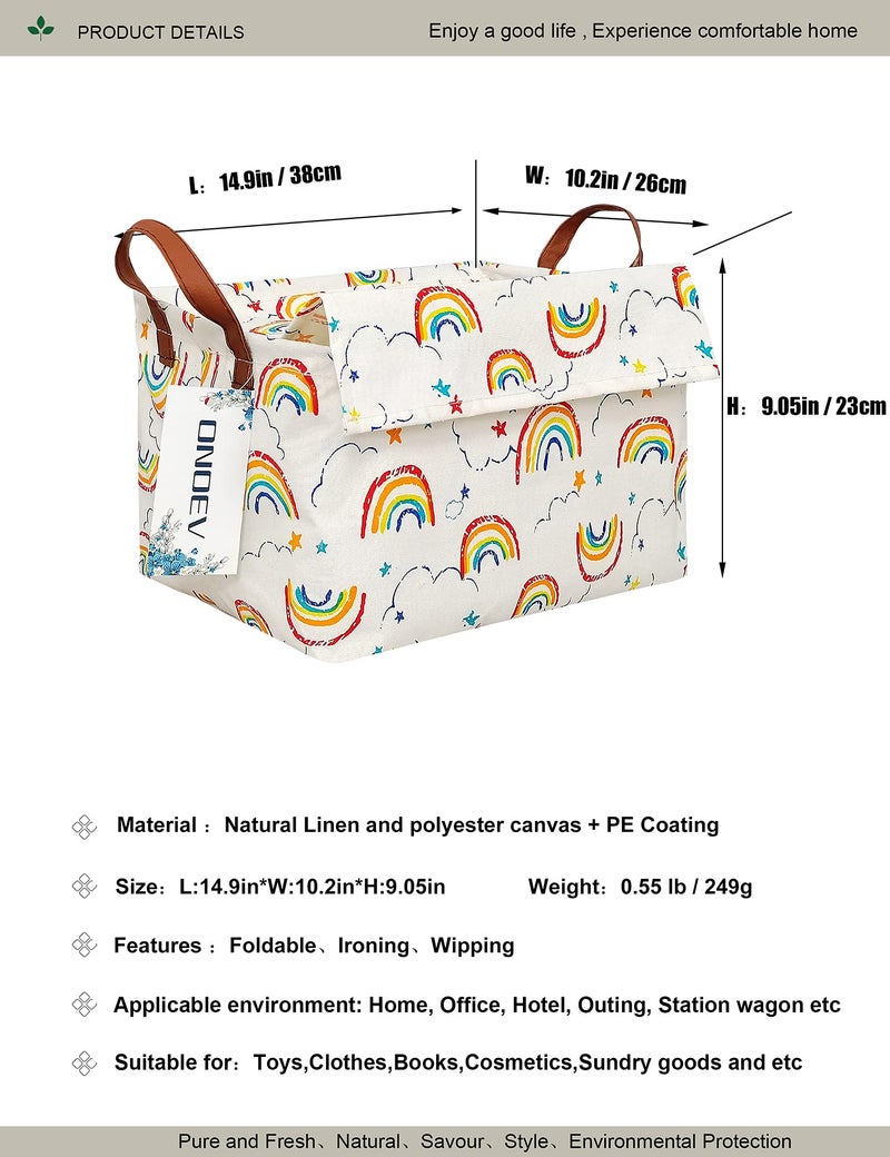 ONOEV Rectangular Fabric basket with cover and handle, decorative basket and closet storage box for clothes, books and sundries（rainbow with lid）, 14.9x10.2x9.05 Inch (Pack of 1) - Image 2