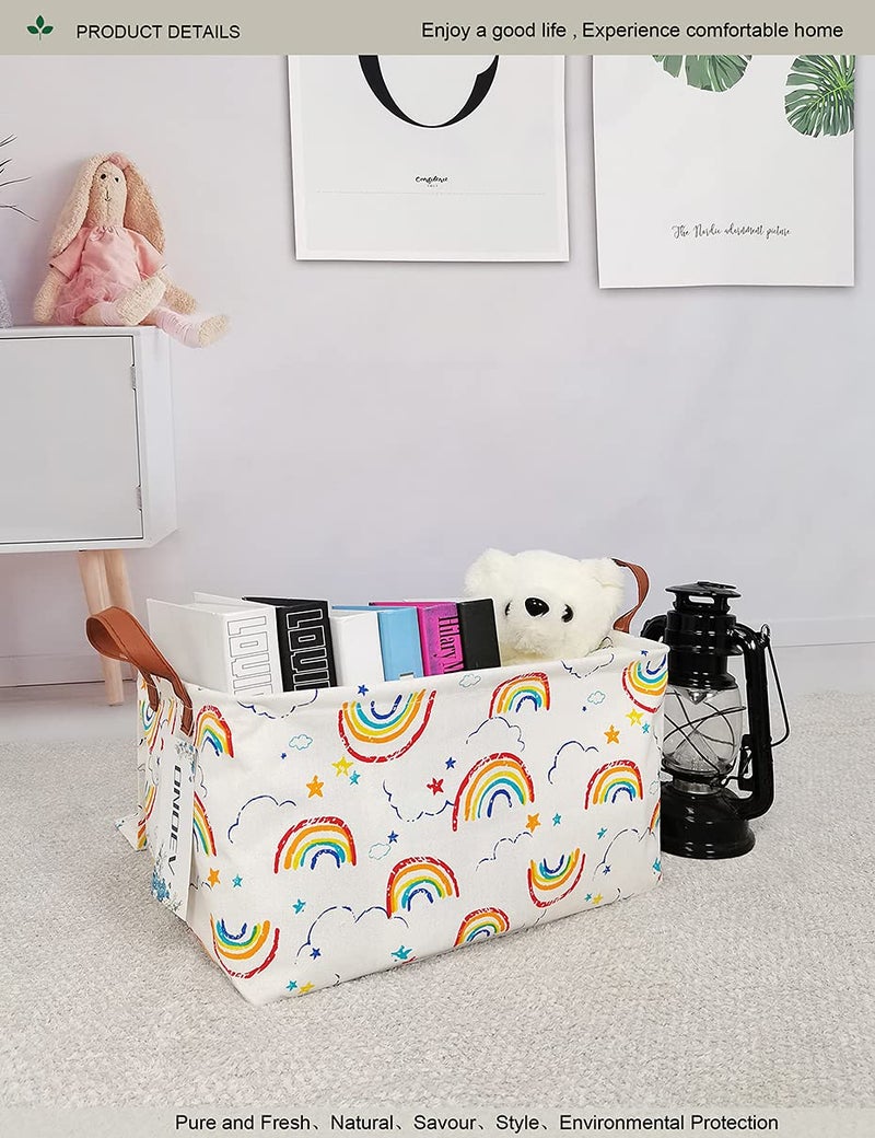 ONOEV Rectangular Fabric basket with cover and handle, decorative basket and closet storage box for clothes, books and sundries（rainbow with lid）, 14.9x10.2x9.05 Inch (Pack of 1) - Image 4