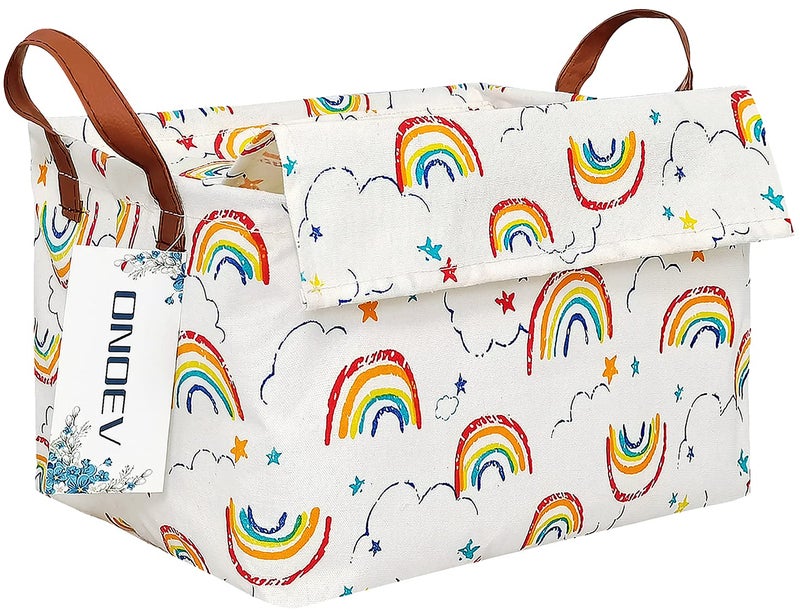 ONOEV Rectangular Fabric basket with cover and handle, decorative basket and closet storage box for clothes, books and sundries（rainbow with lid）, 14.9x10.2x9.05 Inch (Pack of 1) - Image 1