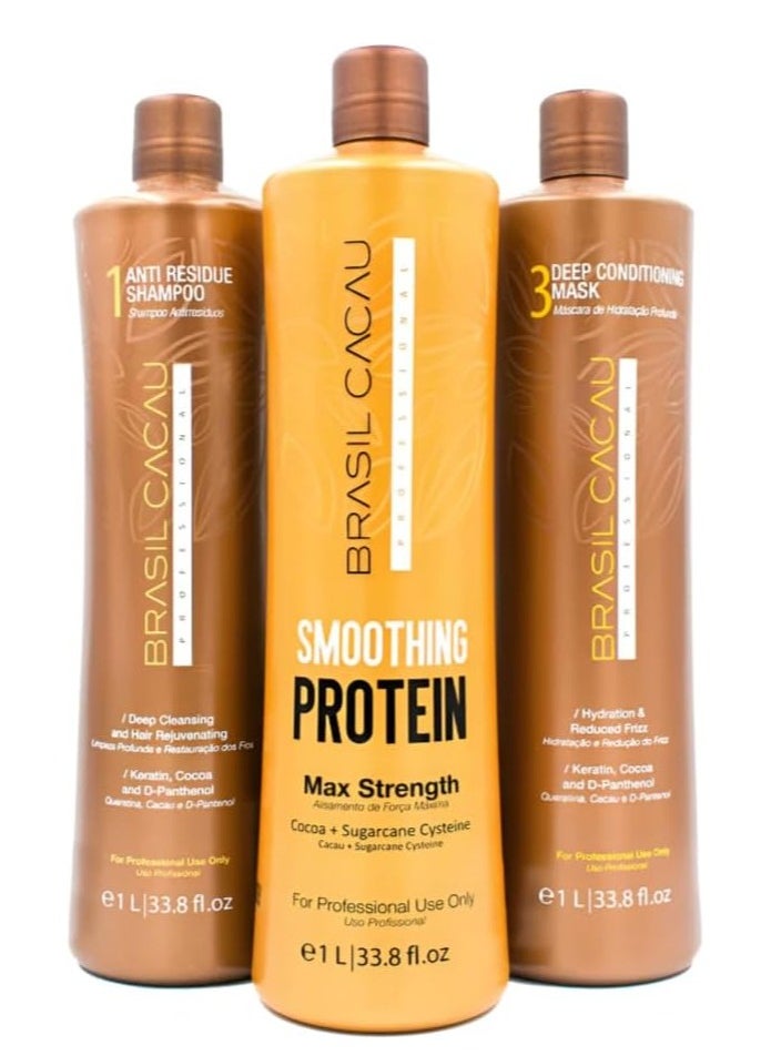Brasil Cacau Brasil Cacau Smoothing Protein Set 1000ml x 3 – Complete Anti-Frizz Keratin Treatment with Anti-Residue Shampoo, Smoothing Protein & Deep Conditioning Mask  - Image 1