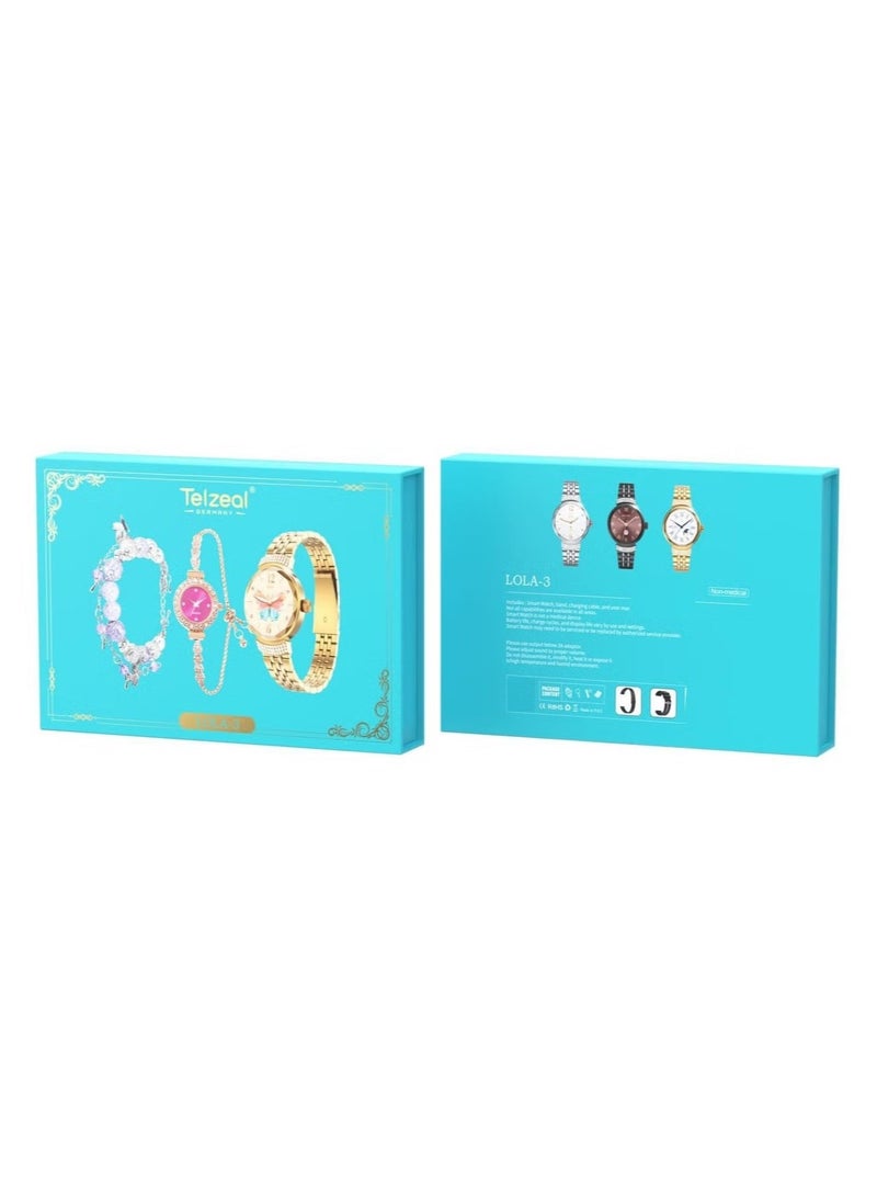 Telzeal - Lola 3 Round Shape Ladies Smart Watch – Stylish Gold Analog Watch Bracelet, Wireless Charger, Elegant Design, Fitness Tracker, Smart Features for Women - Image 1