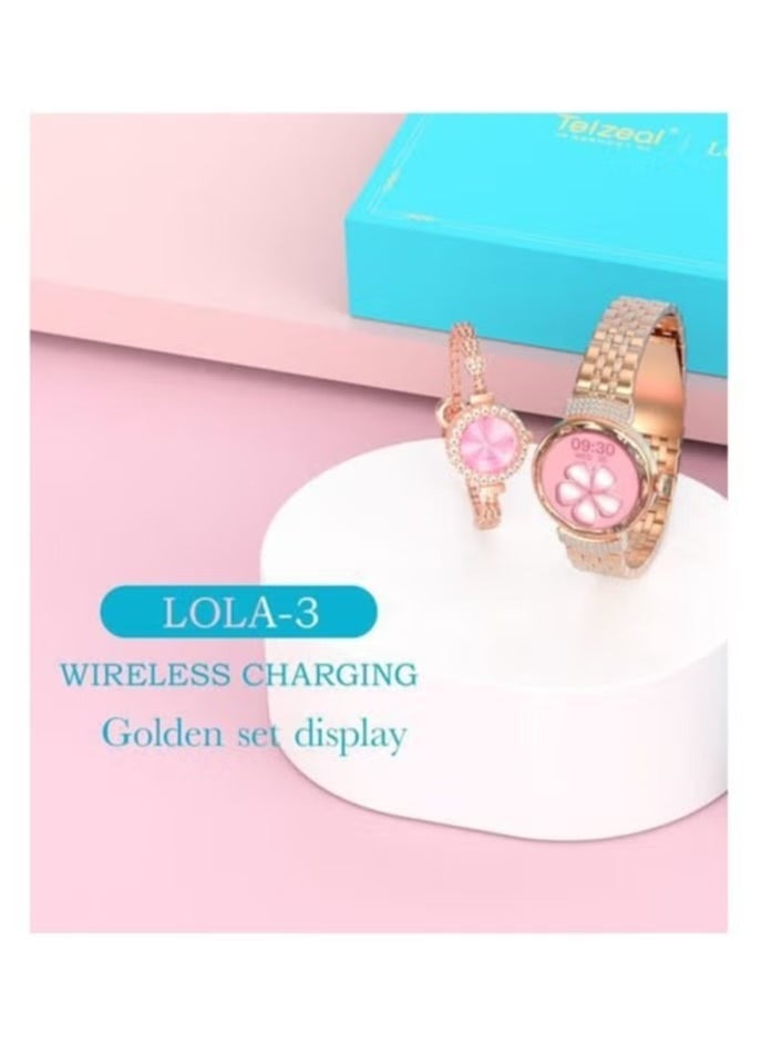 Telzeal - Lola 3 Round Shape Ladies Smart Watch – Stylish Gold Analog Watch Bracelet, Wireless Charger, Elegant Design, Fitness Tracker, Smart Features for Women - Image 1