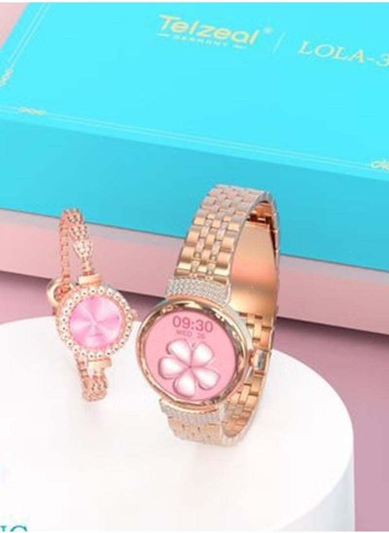 Telzeal - Lola 3 Round Shape Ladies Smart Watch – Stylish Gold Analog Watch Bracelet, Wireless Charger, Elegant Design, Fitness Tracker, Smart Features for Women - Image 1