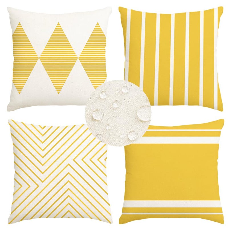 RABUSOFA Yellow and White Outdoor Pillows Waterproof,18x18 inch Boho Summer Outdoor Pillow Covers Set of 4 for Patio Furniture Sunbrella (2Y-18) (18"x18") - Image 1