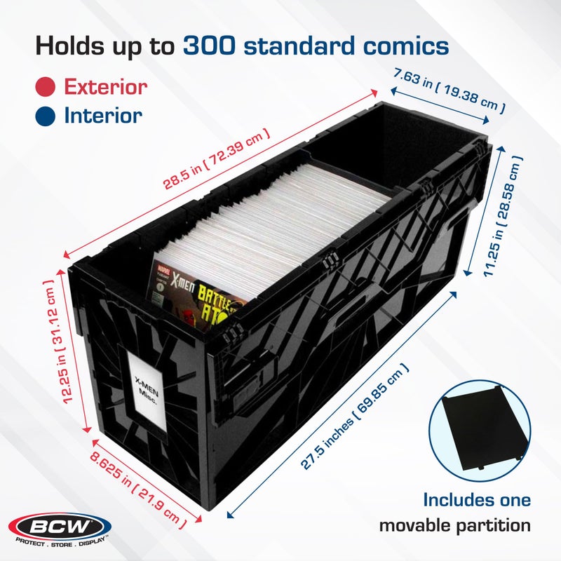 BCW Long Comic Book Bin - 1 Pack | Heavy Duty Comic Book Storage Box | Stackable Comic Bin Organizer for 300 Comics Each | Acid-Free Plastic Comic Book Box with Divider & Label Slot - Image 3