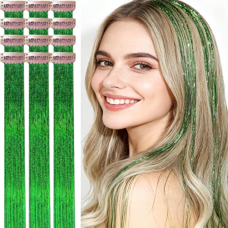 CelineBella Green Hair Tinsel, Clip in,80 Strands per Clip,24 Inches,Fairy Hair Strands for St. Patrick's Day Party Cosplay New Year for Women Adults - Image 1