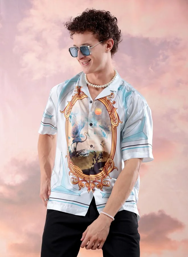 The Indian Garage Co Men Relaxed Fit Border Print Half Sleeves Cuban Collar Resort Wear Shirt