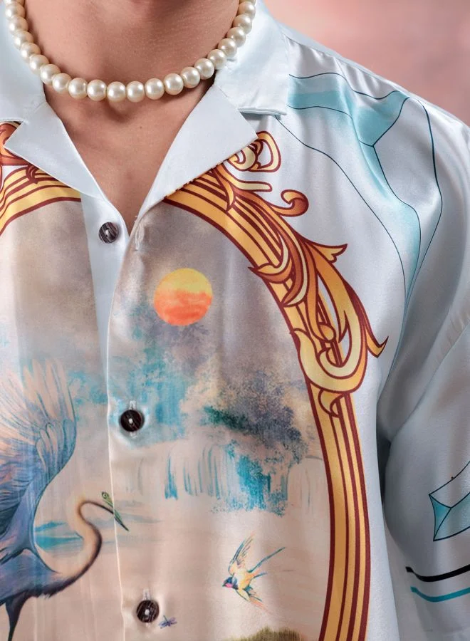 The Indian Garage Co Men Relaxed Fit Border Print Half Sleeves Cuban Collar Resort Wear Shirt