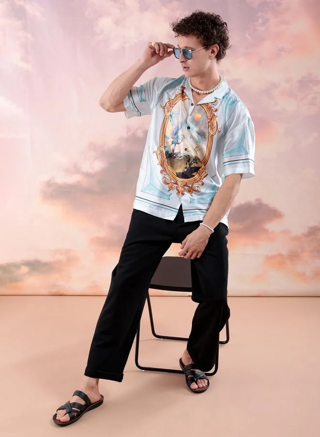 The Indian Garage Co Men Relaxed Fit Border Print Half Sleeves Cuban Collar Resort Wear Shirt