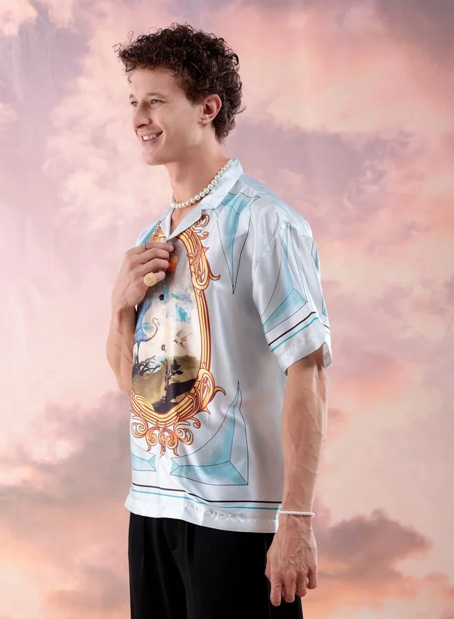 The Indian Garage Co Men Relaxed Fit Border Print Half Sleeves Cuban Collar Resort Wear Shirt