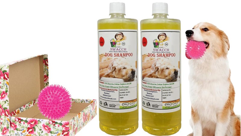 swacch Shampoo | Puppy Safe Shampoo | PH Balanced | Ditch to Itch for Dog Shampoo 2 Litre (Lemon) + Spike Ball Chew Toy Combo Pack - Image 1