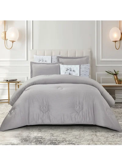 Donetella Comforter Set 4-Pcs Single Size Luxurious Solid Striped Tufted Embroidery Bed Set Fits 120 x 200 Cms (350 GSM) With Down Alternative Filling, Silver Grey