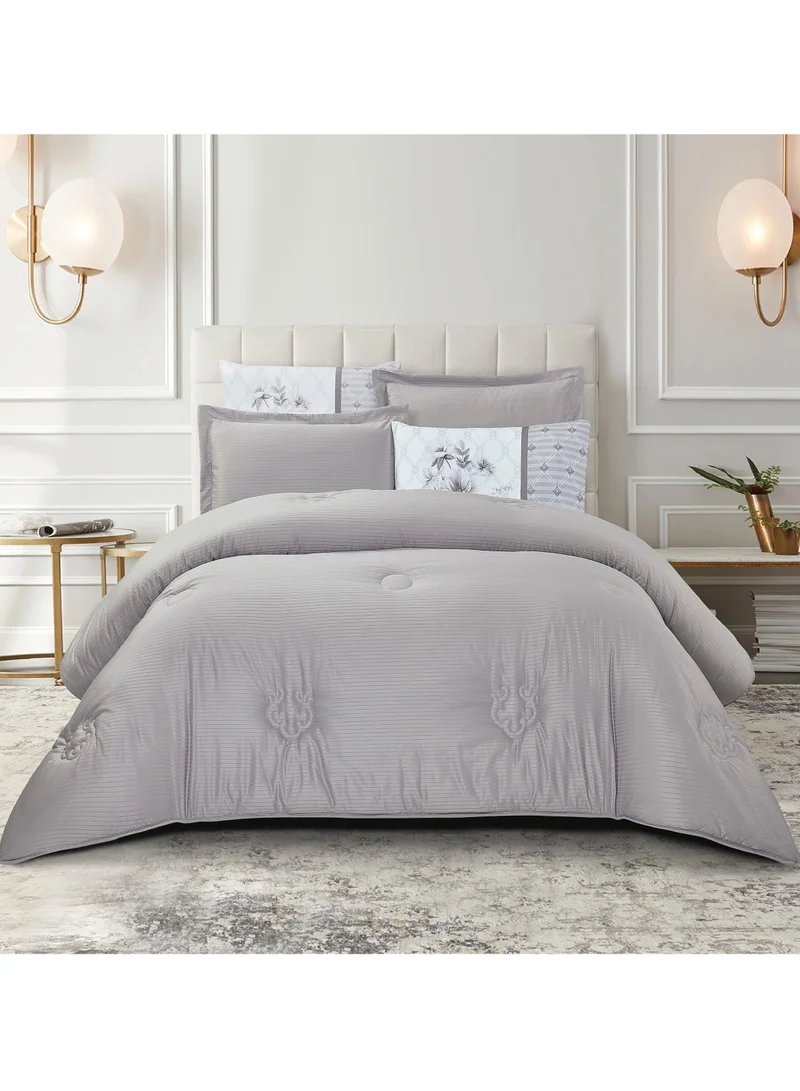 Donetella Comforter Set 4-Pcs Single Size Luxurious Solid Striped Tufted Embroidery Bed Set Fits 120 x 200 Cms (350 GSM) With Down Alternative Filling, Silver Grey
