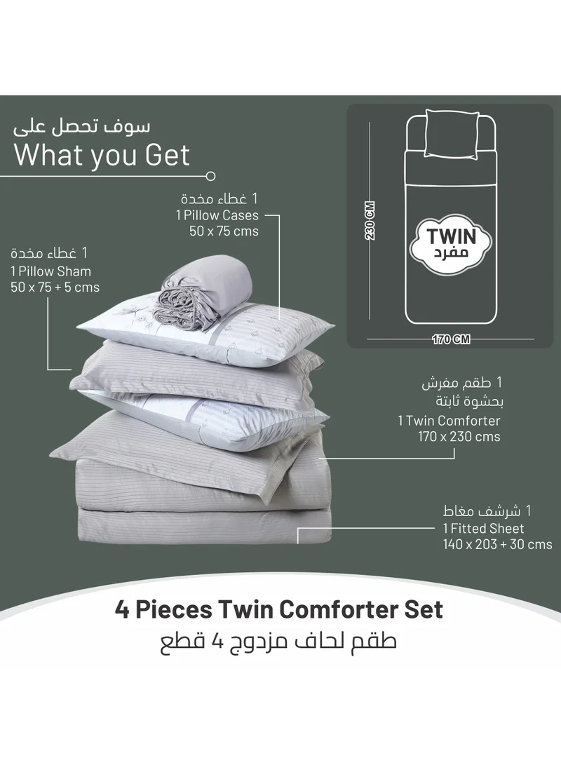 Donetella Comforter Set 4-Pcs Single Size Luxurious Solid Striped Tufted Embroidery Bed Set Fits 120 x 200 Cms (350 GSM) With Down Alternative Filling, Silver Grey