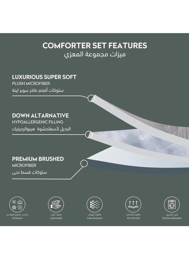 Donetella Comforter Set 4-Pcs Single Size Luxurious Solid Striped Tufted Embroidery Bed Set Fits 120 x 200 Cms (350 GSM) With Down Alternative Filling, Silver Grey