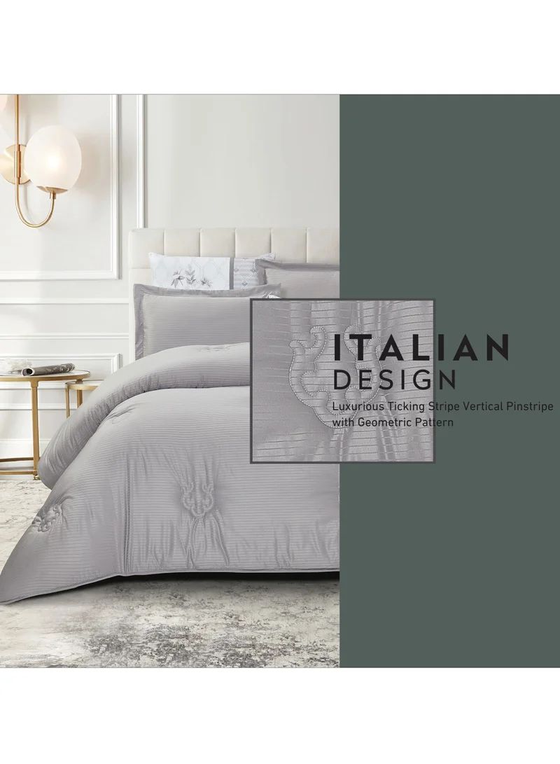 Donetella Comforter Set 4-Pcs Single Size Luxurious Solid Striped Tufted Embroidery Bed Set Fits 120 x 200 Cms (350 GSM) With Down Alternative Filling, Silver Grey
