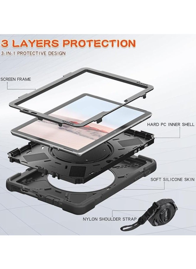 Microsoft Surface Go 3 10.5" 2021 / Surface Go 2 10.5" 2020 / Surface Go 10" 2018 Shockproof Rugged Case with 360 Degree Swivel Stand Shoulder Black