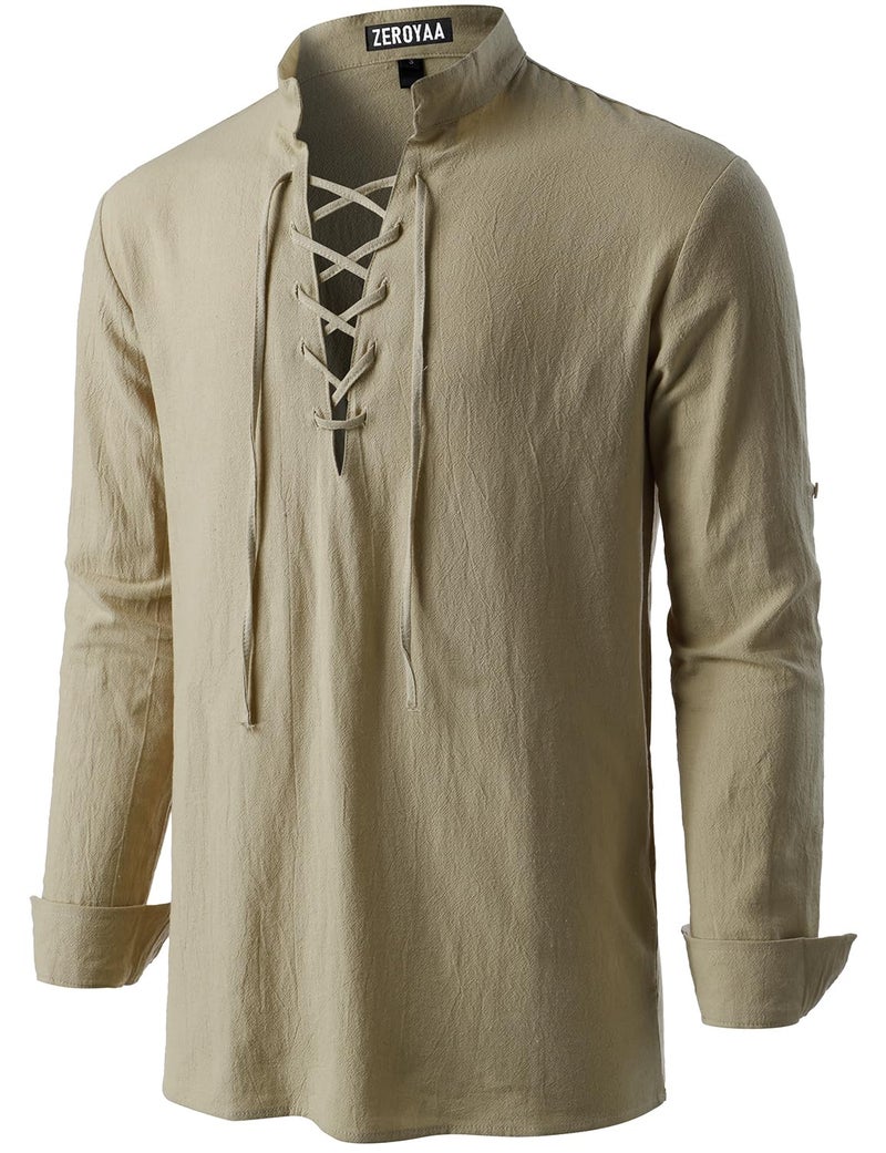 ZEROYAA Men's Medieval Vintage Long Sleeve Lace Up Shirt Renaissance Costume for Halloween Viking Pirate Cosplay ZHCL60-Beige XX-Large - Image 1