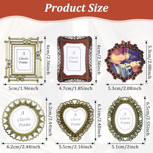 Heclia 6 Pcs Mini Picture Frame Vintage Metal Photo Frame Wallet Size Antique DIY Picture Frames in Heart Oval Round Rectangular Shapes for Bookshelf Tabletop and Wall Display Art Decor - Image 2