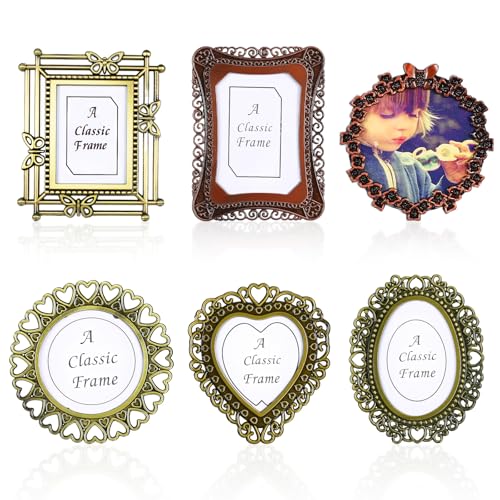 Heclia 6 Pcs Mini Picture Frame Vintage Metal Photo Frame Wallet Size Antique DIY Picture Frames in Heart Oval Round Rectangular Shapes for Bookshelf Tabletop and Wall Display Art Decor - Image 1