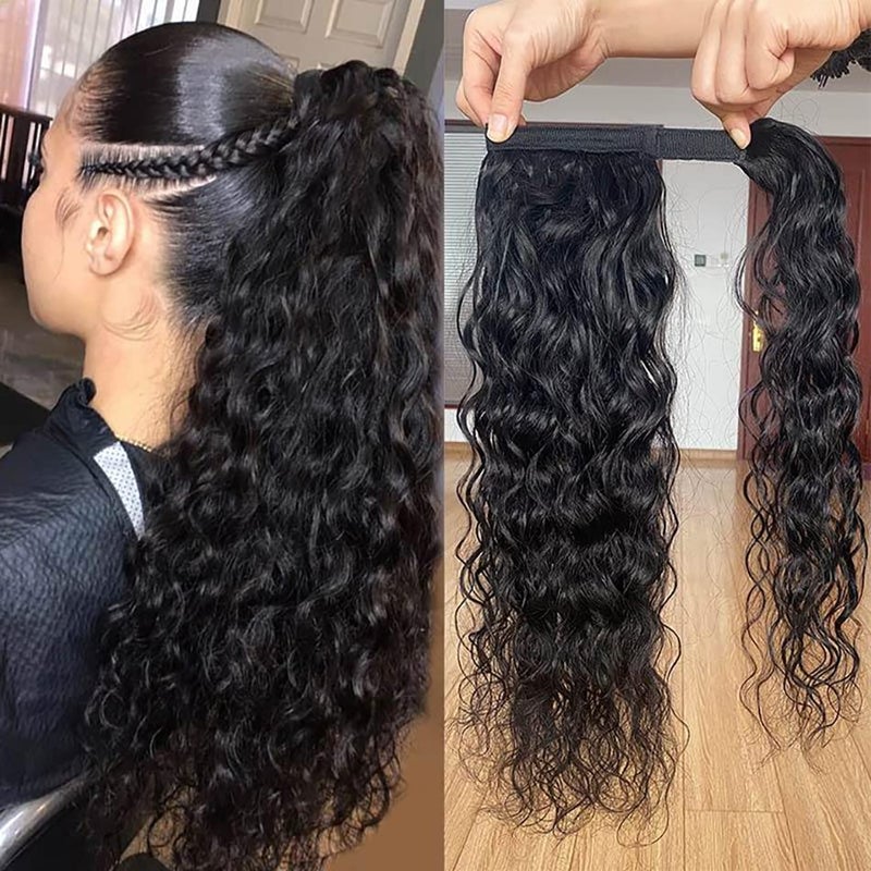 Ponytail Extension Human Hair Magic Paste Wrap Around Ponytail Hair Extensions Long Water Wave 100 Real Remy Hair Pony Tails Hair Extensions For Women Natural Black 14 Inch 105g