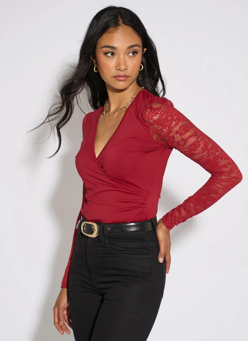 Gini London  Red Lace Sleeves Jersey Wrap Front Top for Women | Best Price UAE