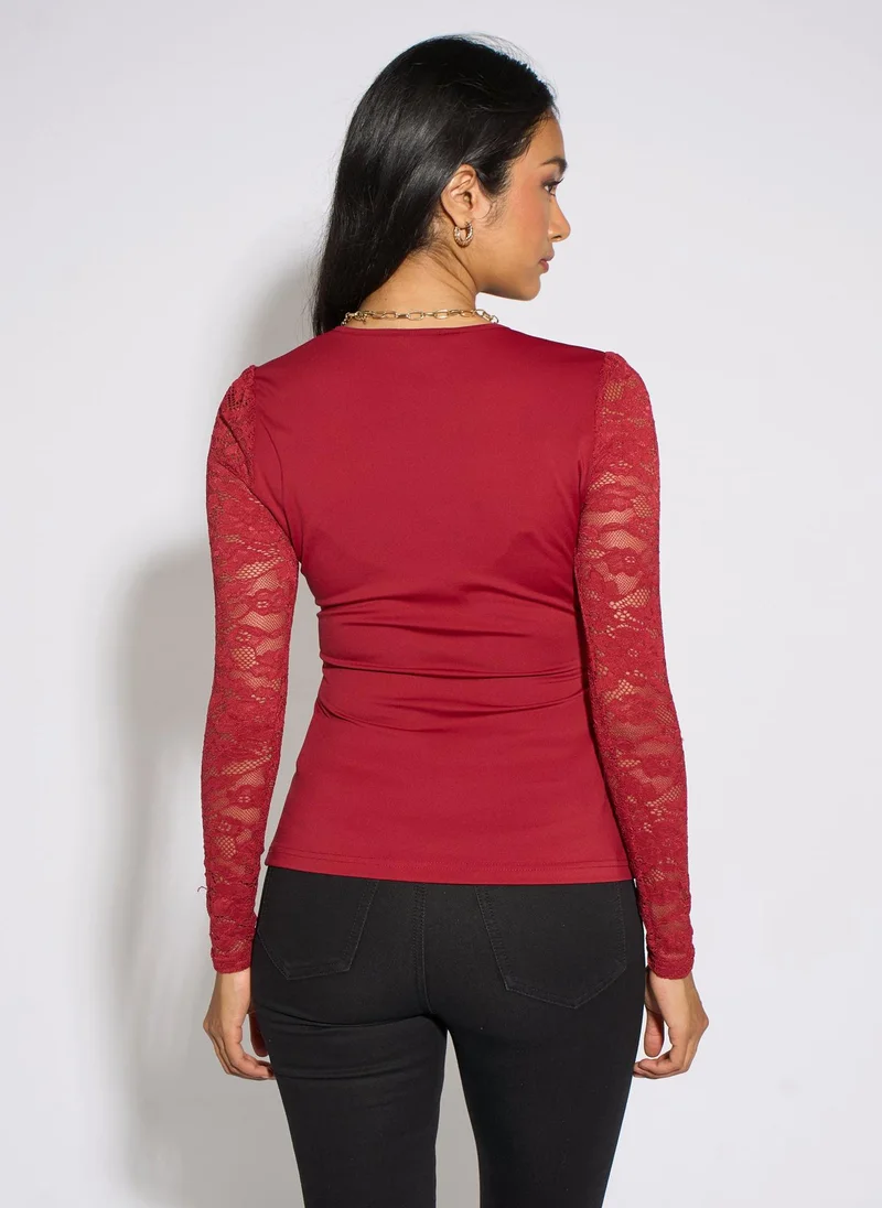 Gini London  Red Lace Sleeves Jersey Wrap Front Top for Women | Best Price UAE