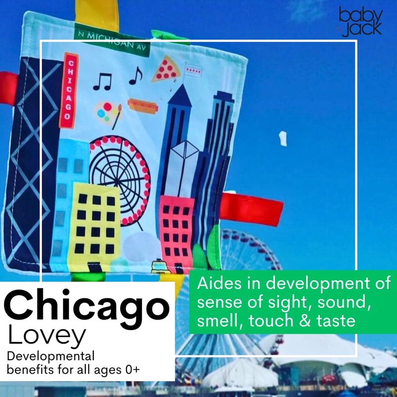 The Learning Lovey Baby Jack & Co 8x8” Learning Lovey Chicago Illinois Tag Toys for Babies - Baby Crinkle Toys - Soft & Safe - Learn USA Cities and Shapes - Ideal Baby Toy & Gift BPA Free w/Stroller Clip - Image 3