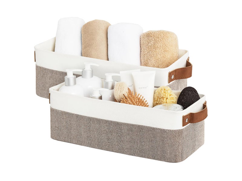StorageWorks Narrow Storage Bins Small Baskets for Organizing Long Storage Basket with Handles Fabric Storage Bins for Shelf Brown and White 2Pack