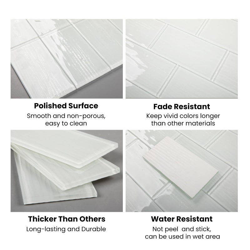 Adedeo Glass Subway Tiles, 3 x 6 Inch, White Glass Tiles for Backsplash, Bathroom Shower Wall, Pack of 32 Pieces - Image 4