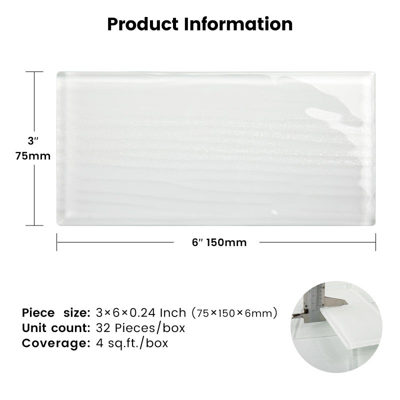Adedeo Glass Subway Tiles, 3 x 6 Inch, White Glass Tiles for Backsplash, Bathroom Shower Wall, Pack of 32 Pieces - Image 3