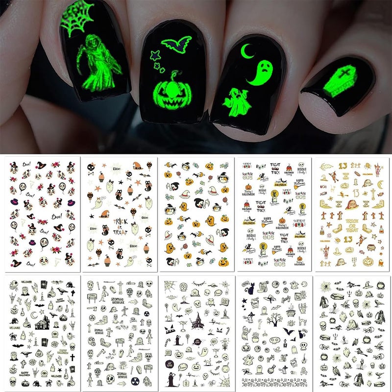 TailaiMei 10 Sheets Glow in The Dark Halloween Nail Stickers, Fluorescent Design Kids Nail Decals, Self-Adhesive DIY Nail Art Tips for Women Manicure