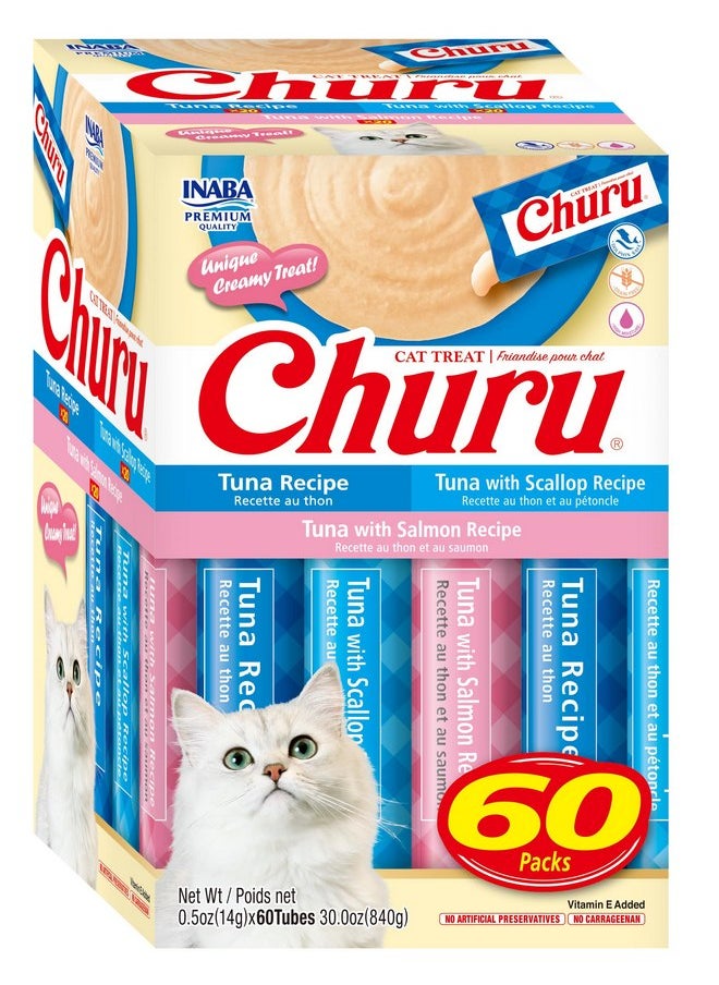 إينابا مكافآت القطط من INABA Churu، خالية من الحبوب، قابلة لللعق والضغط، مكافأة/تغطية للقطط، 60 وجبة، علبة متنوعة من التونة بثلاث نكهات  - Image 1
