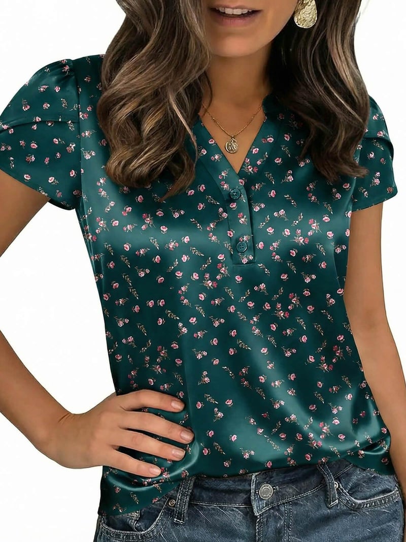Yousify Women Satin Blouse for Women Business Work Tops Casual Cap Sleeve V Neck Button Down Shirts(Green Flower,Small) - Image 4